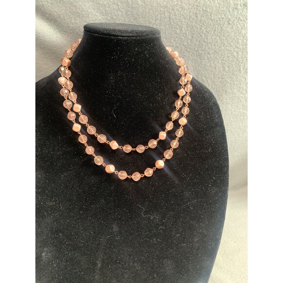 Double Strand Pink Beaded Necklace 40" Faceted Glass Beads - Picture 6 of 7